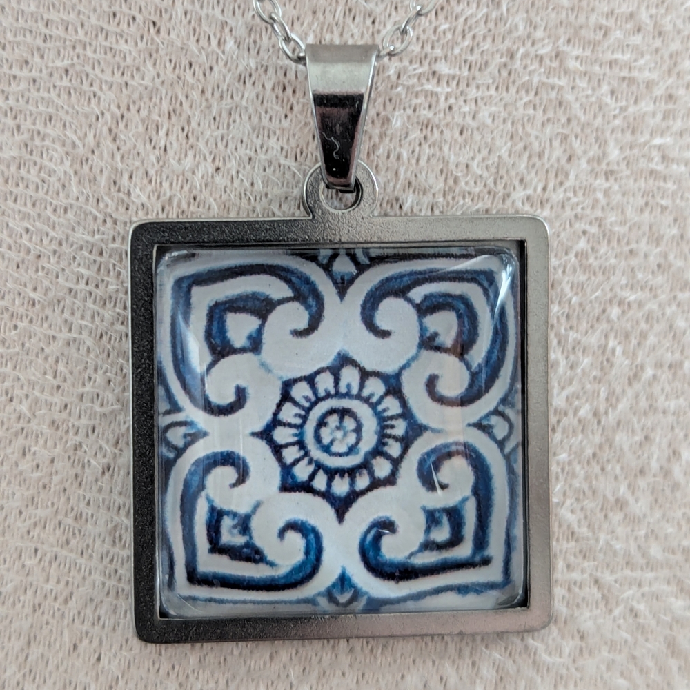 Blue and Silver Square Pendant Necklace